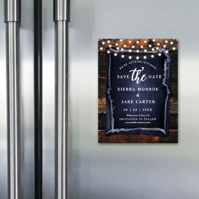 Ímã de Madeira com Luzes Rústicas para Salvar Data (rustic wedding save the date magnet barn wood slice grain denim ranch country western casual chic)