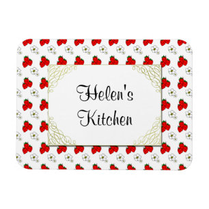 Ímã de Morango Vermelho e Flor Retro Personalizado