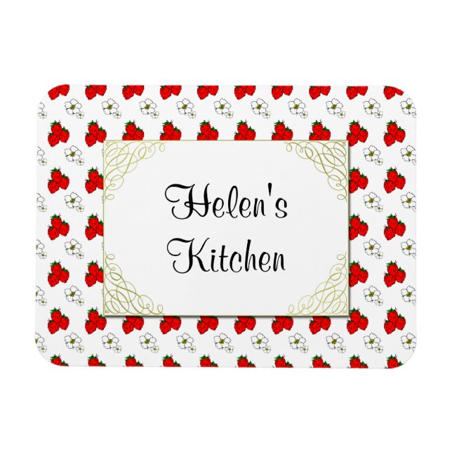 Ímã de Morango Vermelho e Flor Retro Personalizado (Horizontal)