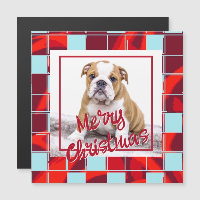 Ímã de Natal Alegre com Foto de Bulldog em Xadrez  (Frente/Verso)