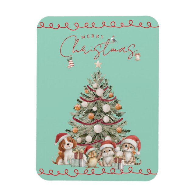 Ímã de Natal de Animais Fofos em Fundo Aqua (Vertical)