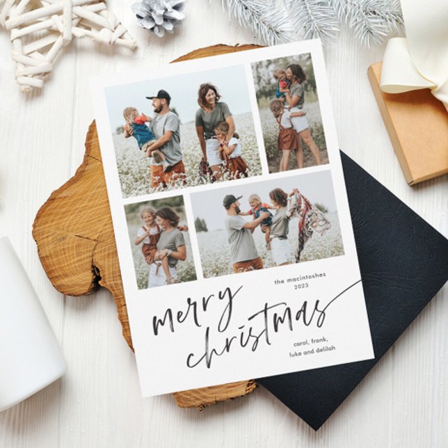 Ímã de Natal Simples com Colagem de Fotos (Simple black and white script merry christmas 4 photo holiday magnetic card.)
