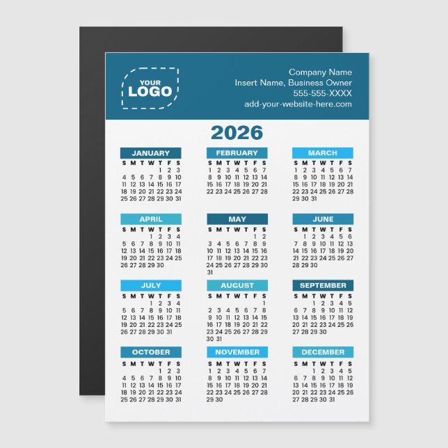 Ímã de Negócios Calendário 2026 com Logotipo Perso (Frente/Verso)