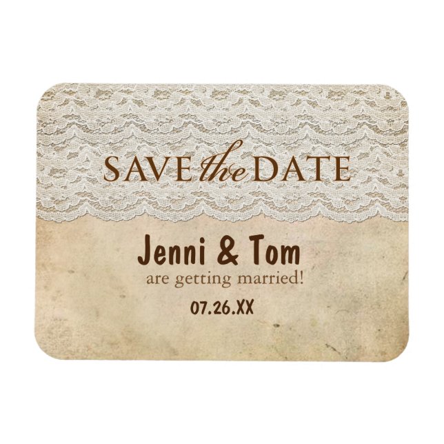 Ímã de Pôr Data de Casamento Rústico de Renda Vint (Horizontal)