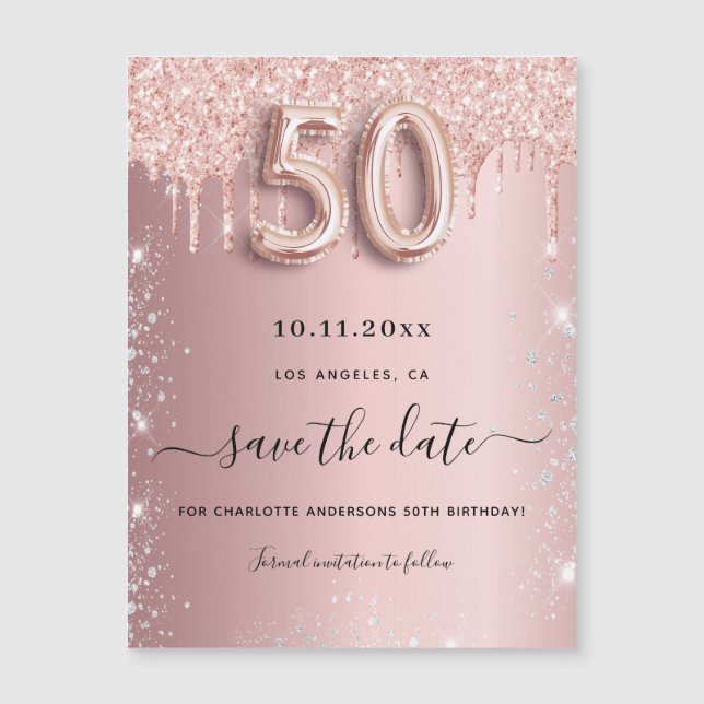 Ímã de save the date com brilho rosa para 50º aniv (Frente)