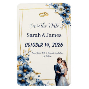 Ímã de 'Save the Date' Floral 3D Azul Real e Doura