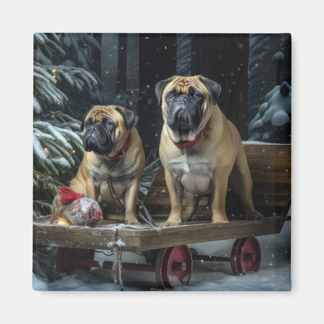 Imã Decado de Natal Bullmastiff Snowy Sleigh (Frente)