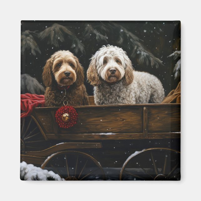 Imã Decado de Natal Cockapoo Snowy Sleigh (Frente)
