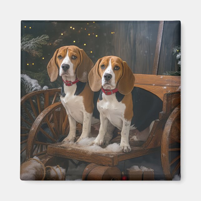 Imã Decoração de Natal Beagle Snowy Sleigh  (Frente)