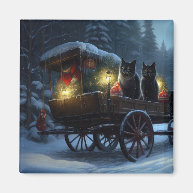 Imã Decoração de Natal Black Cat Snowy Sleigh Ride   (Frente)