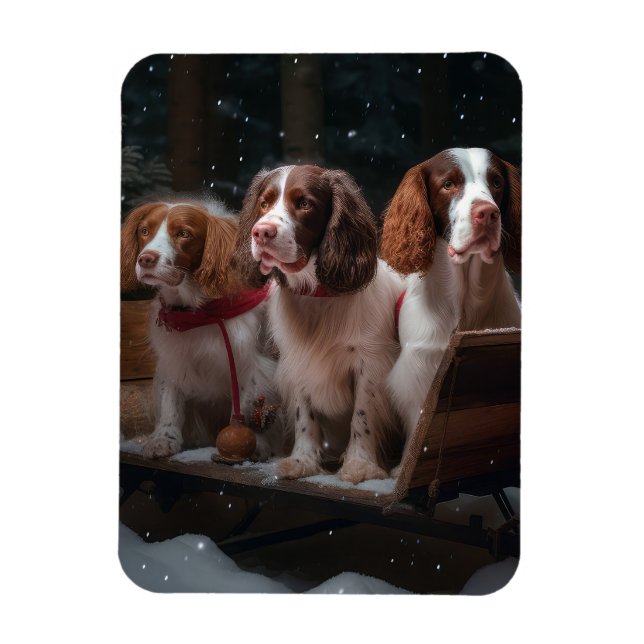 Ímã Decoração de Natal Brittany Spaniel Snowy Sleigh (Vertical)
