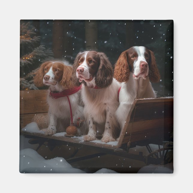 Imã Decoração de Natal Brittany Spaniel Snowy Sleigh (Frente)