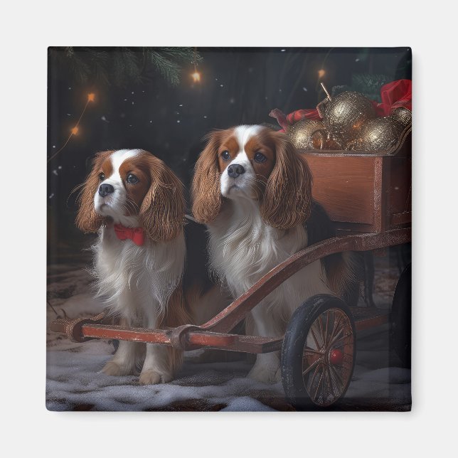 Imã Decoração de Natal Cavalier King Snowy Sleigh   (Frente)