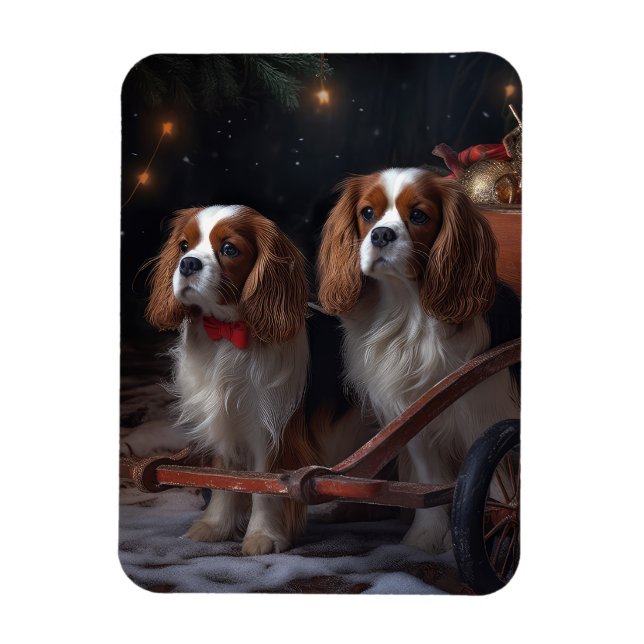 Ímã Decoração de Natal Cavalier King Snowy Sleigh  (Vertical)
