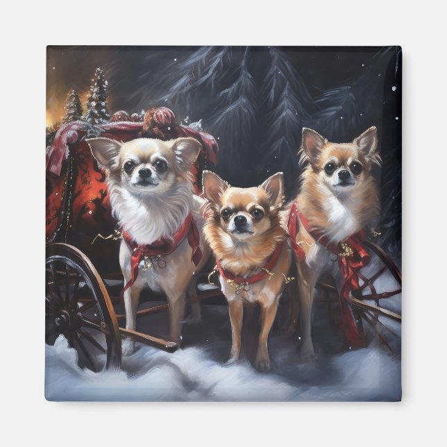Imã Decoração de Natal Chihuahua Snowy Sleigh (Frente)