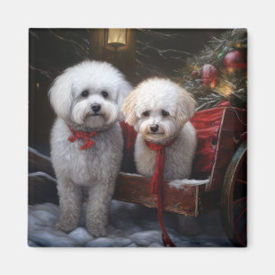 Imã Decoração de Natal com Trenó de Neve Bichon Frise