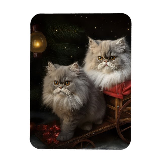 Ímã Decoração de Natal com Trenó Nevado de Gato Persa (Vertical)