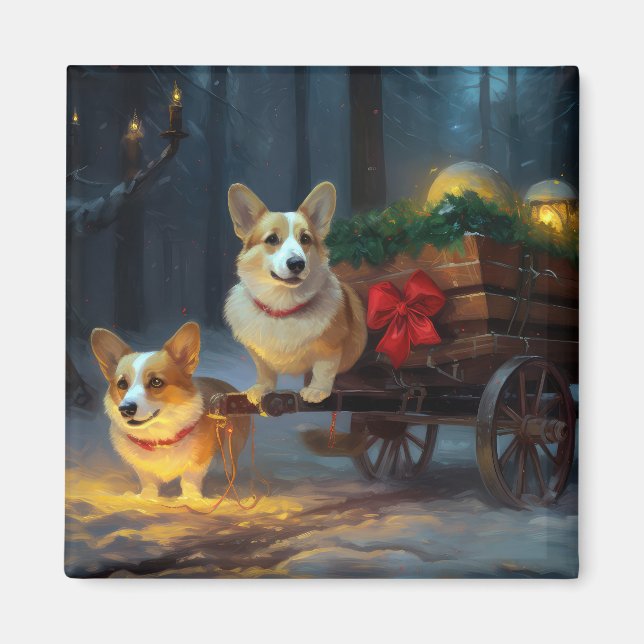 Imã Decoração de Natal Corgi Snowy Sleigh  (Frente)