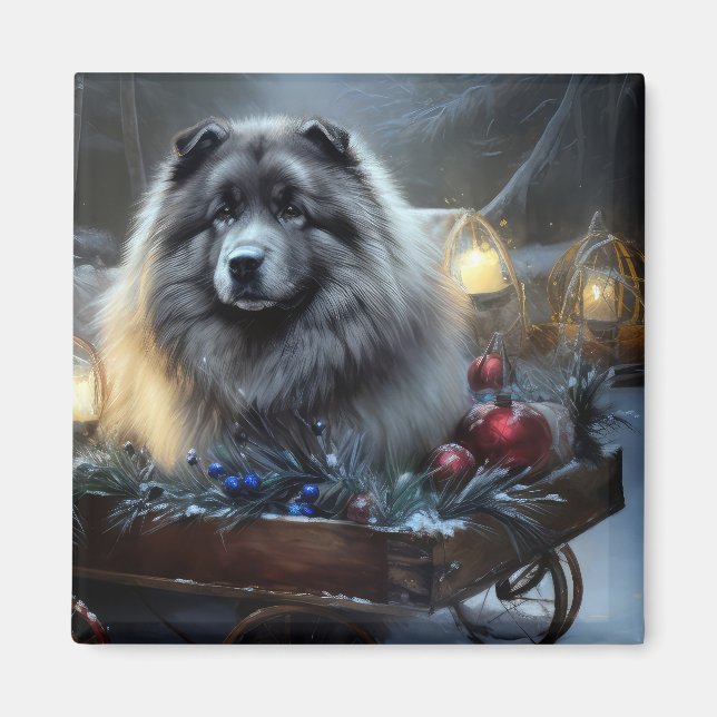Imã Decoração de Natal de Keeshond Snowy Sleigh (Frente)