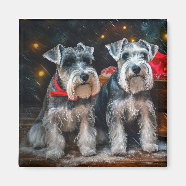 Imã Decoração de Natal de Schnauzer Snowy Sleigh (Frente)
