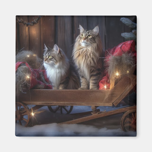 Imã Decoração de Natal Maine Coon Snowy Sleigh (Frente)