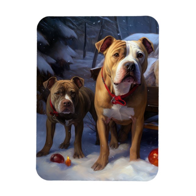 Ímã Decoração de Natal Pitbull Snowy Sleigh (Vertical)