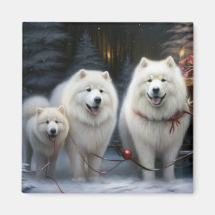 Imã Decoração de Natal Samoyed Snowy Sleigh