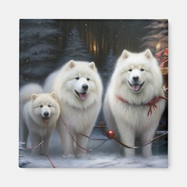 Imã Decoração de Natal Trenó de Neve Samoyed (Frente)
