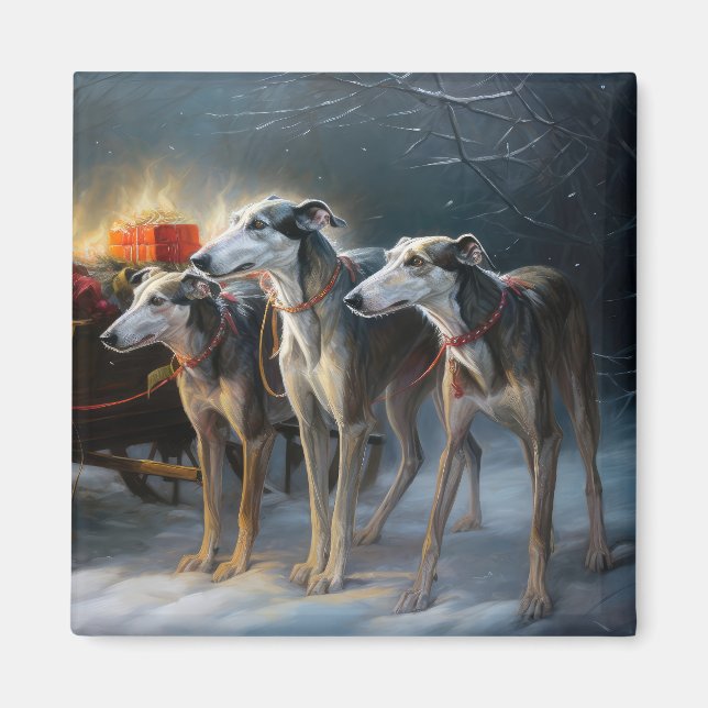 Imã Decoração de Natal Trenó Snowy Greyhound (Frente)
