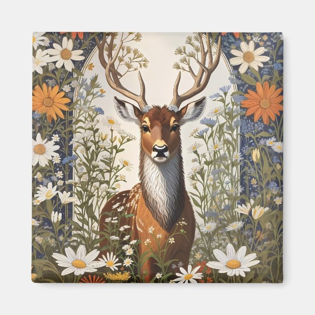 Imã Deer Amid Daisy Flowers (Frente)