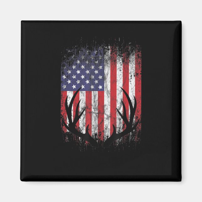 Imã Deer Hunting American Flag Whitetail Buck Antlers (Frente)