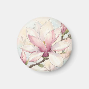 Imã Delicada Magnólia Rosa em Aquarela em Flor