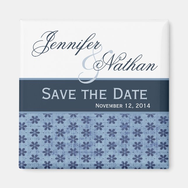 Imã Denim Blue Damask Save the Date Wedding Magnet (Frente)