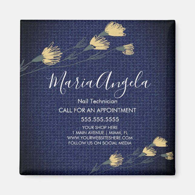 Imã Denim e Flores Selvagens Beleza Amarela Azul Salão (Frente)