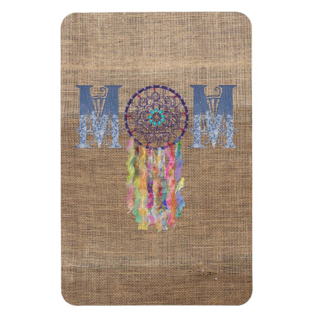 Ímã Denim Mãe com Lace Dreamcatcher em Faux Burlap (Vertical)