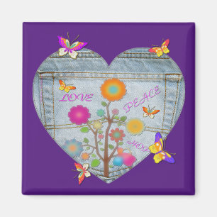 Imã Denim Pocket Heart Flowers Butterflies Magnet