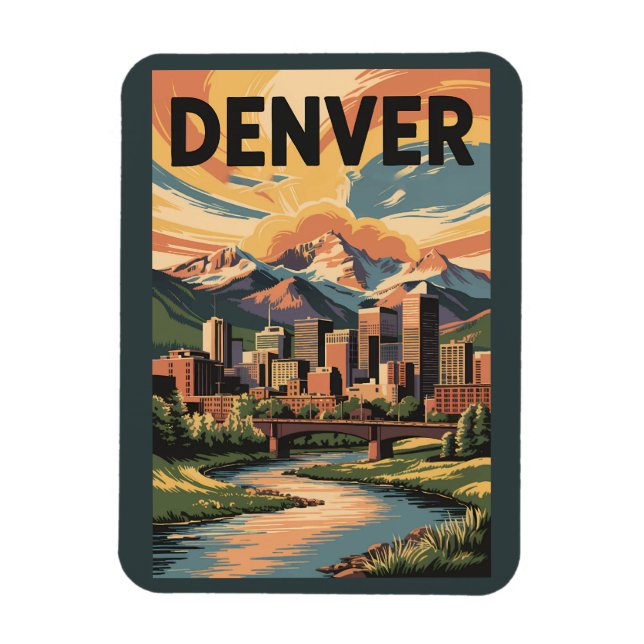 Ímã Denver Colorado Illustração Sunset Viagem Art (Vertical)