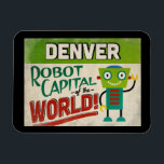 Ímã Denver Colorado Robot - Engraçado Vintage<br><div class="desc">Um encantador ímã da viagens vintage de Denver Colorado com um robô engraçado e amigável,  junto com um texto divertido no estilo retrô que diz,  "Venham em Denver"</div>