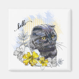 Imã Desenho à mão de gato britânico preto engraçado co