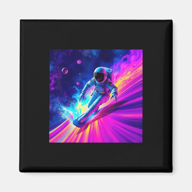 Imã Desenho Astronauta Surfando Onda de Arco-íris Cósm (Frente)