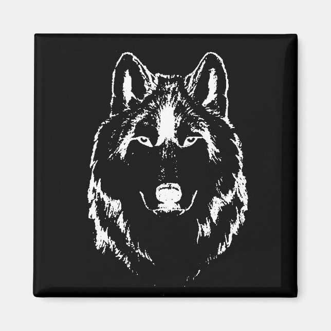Imã Desenho Da Cabeça Do Lobo Negro E Branco Engraçado (Frente)