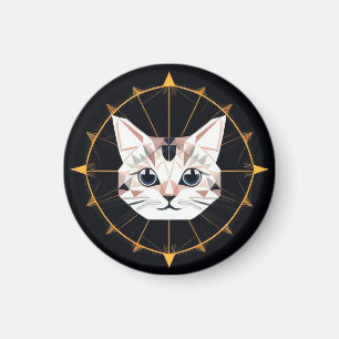 Imã Desenho de Gato Geométrico Cercado por Estrelas Do