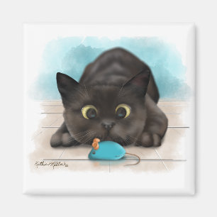 Imã Desenho de Gato Preto com Rato de Brinquedo