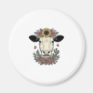 Imã Desenho de gravura vintage de cabeça de vaca flora