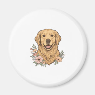 Imã Desenho de Gravura Vintage Floral do Golden Retrie