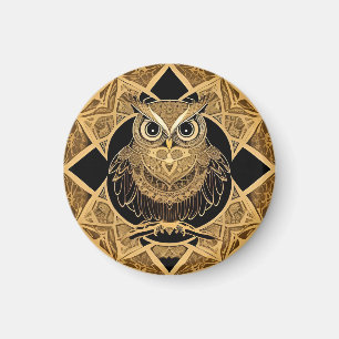 Imã Desenho de Mandala de Coruja Decorativa Dourada