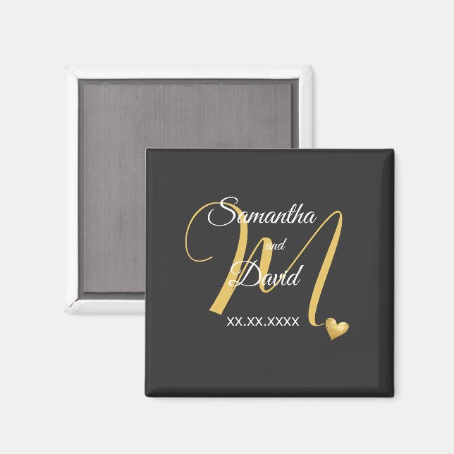 Imã Desenho de Monograma de Casamento com Nomes e Data (Front/Back)