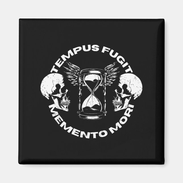 Imã Desenho Gótico de Caveira Tempus Fugit Memento Mor (Frente)