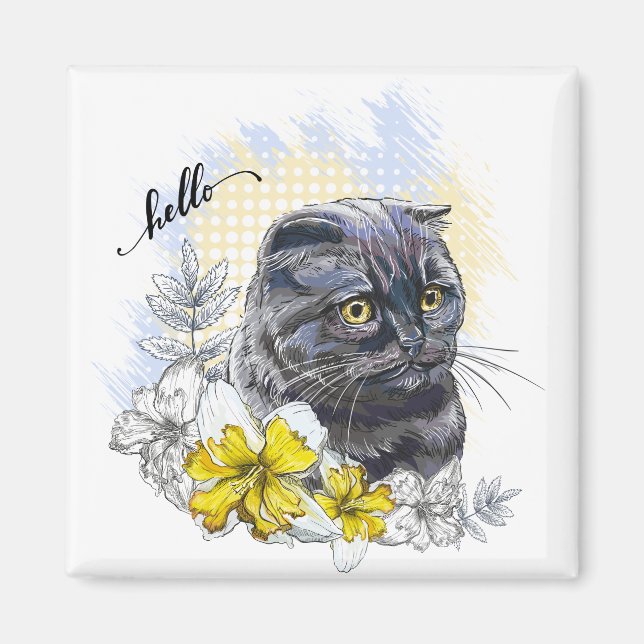 Imã Desenho manual de gata britânica negra engraçada c (Frente)