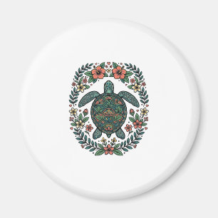 Imã Desenho Vetorial Floral de Tartaruga Marinha Vinta